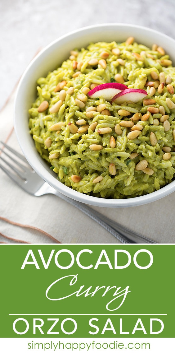 Avocado Curry Orzo Salad uses avocados and Greek yogurt for creaminess instead of mayo. Healthy and fresh tasting, with a spicy note from curry. simplyhappyfoodie.com