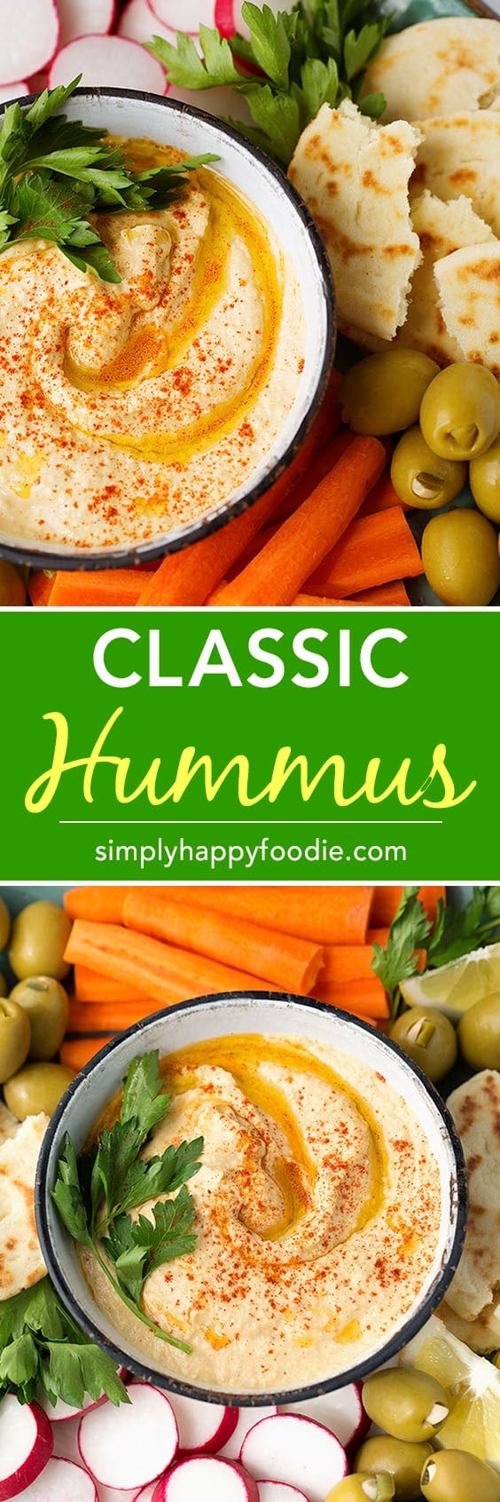 A Classic Hummus recipe with a lemony garlic flavor. This hummus recipe is great on pita bread, chips, veggies, wraps. simplyhappyfoodie.com #hummus #hummusrecipe #besthummus