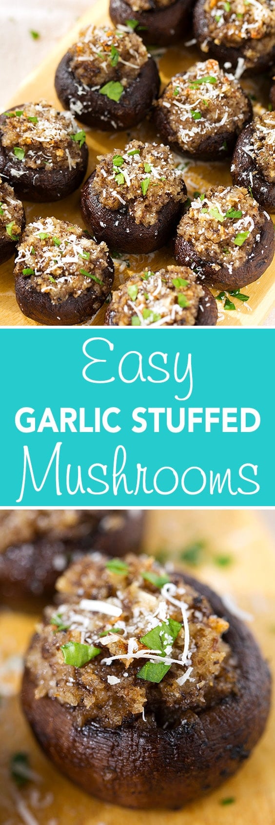 Easy Garlic Stuffed Mushrooms are simple and delicious. Vegetarian and a great party appetizer! simplyhappyfoodie.com