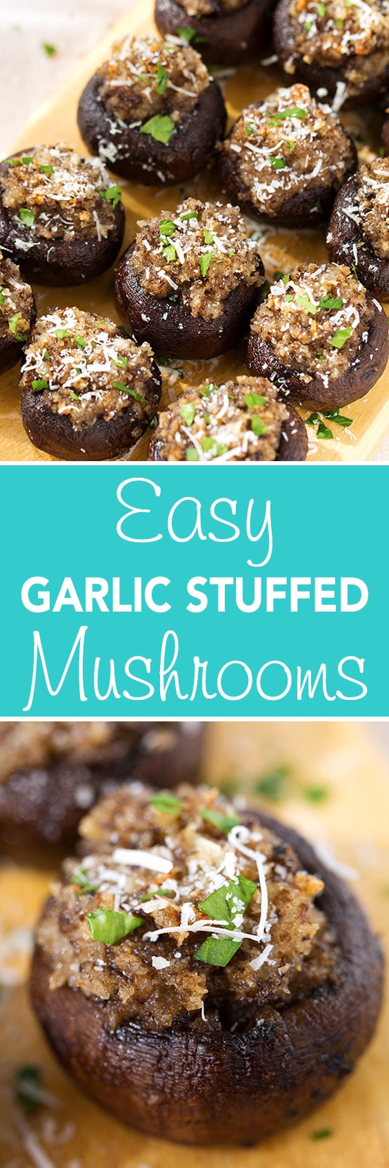 Easy Garlic Stuffed Mushrooms are simple and delicious. Vegetarian and a great party appetizer! simplyhappyfoodie.com