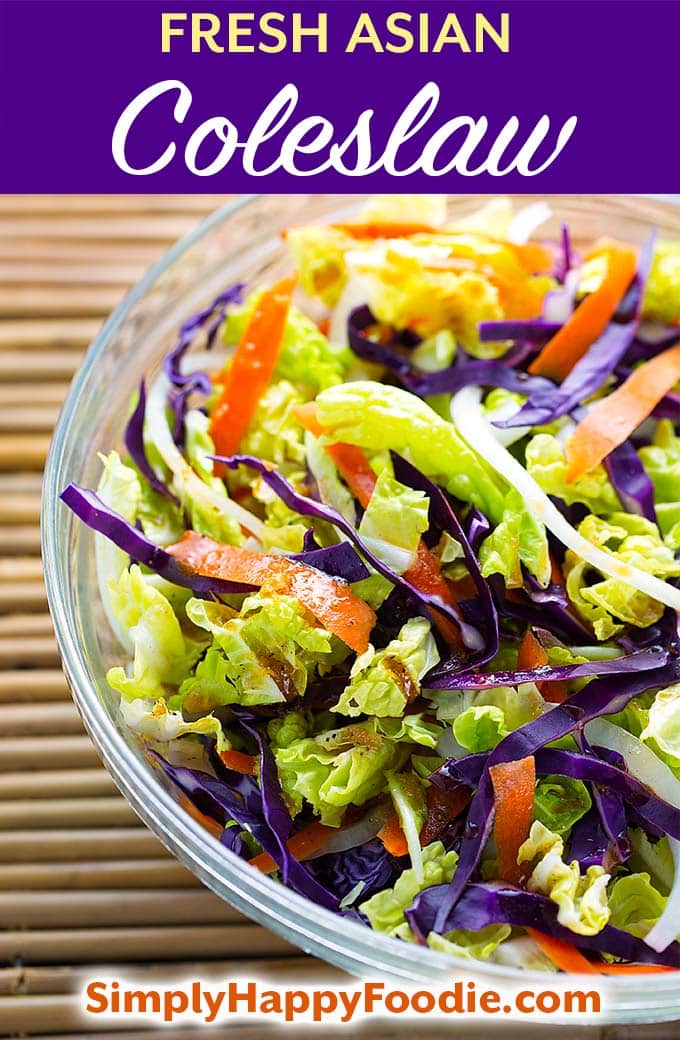 This Fresh Asian Slaw has lots of flavor from the yummy vinaigrette dressing. Try this flavorful Asian coleslaw as a tasty stand-alone salad, or top off your favorite slider or pulled pork sandwich. simplyhappyfoodie.com #coleslawrecipe #asianslaw