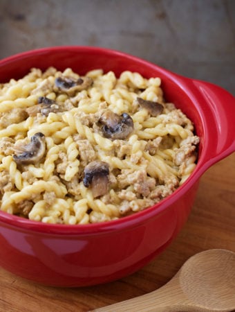 Instant Pot Cheeseburger in red bowl Pasta