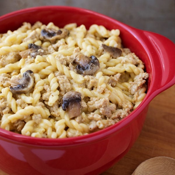 Instant Pot Cheeseburger in red bowl Pasta