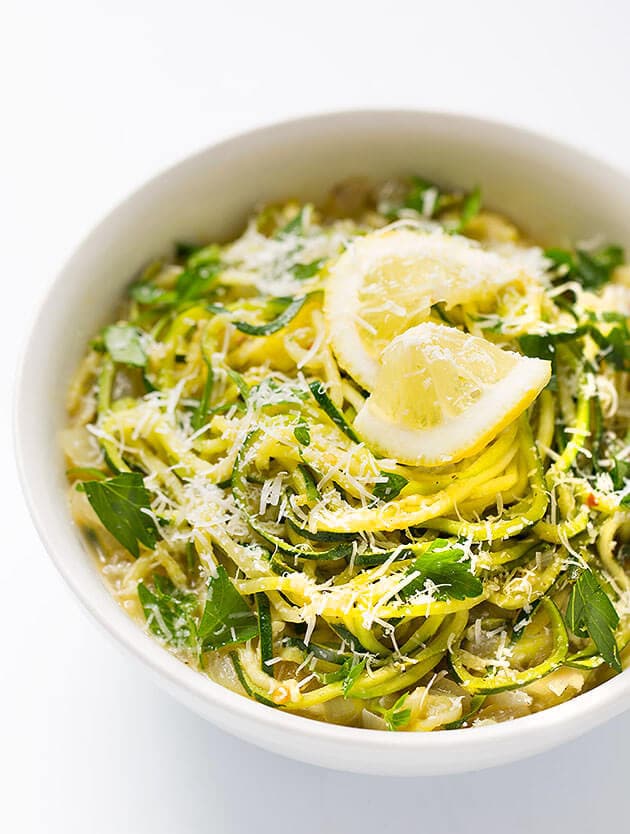 Lemon Garlic Zucchini Noodles in a white bowl