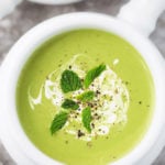 Minty Pea Soup in a small white bowl with handle