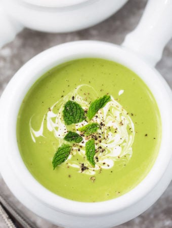 Minty Pea Soup in a small white bowl with handle