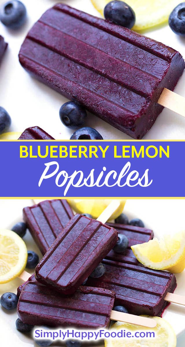 Blueberry Lemon Popsicles with only 3 healthy ingredients. simplyhappyfoodie.com #homemadepopsicles #popsiclerecipe