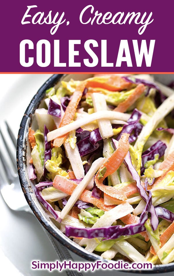 This Easy Creamy Coleslaw recipe is a tasty coleslaw with a creamy, tangy-sweet dressing. We like putting this coleslaw on top of pulled pork sandwiches. simplyhappyfoodie.com #coleslaw #coleslawrecipe creamy coleslaw recipe