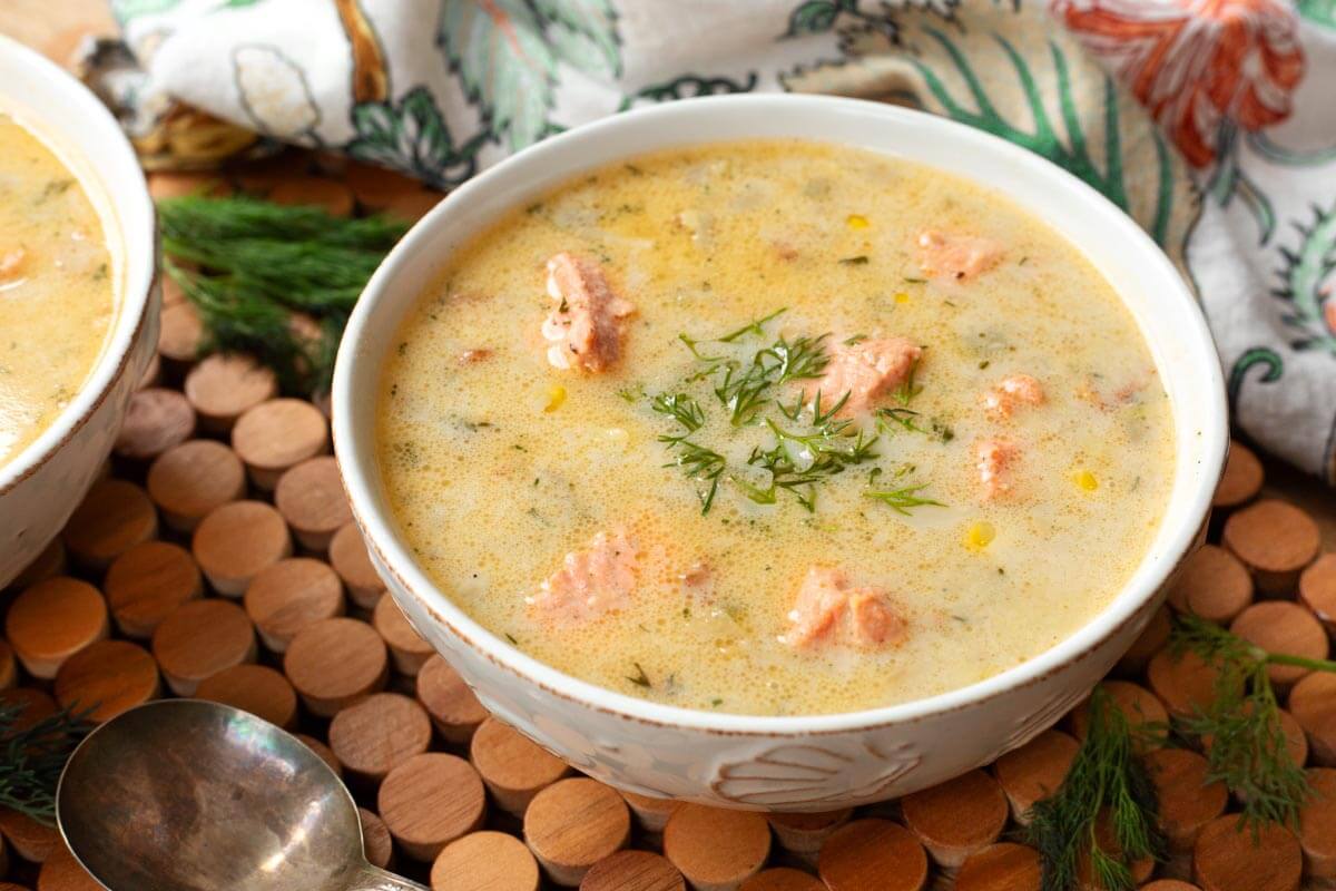 Salmon Chowder in a white bowl
