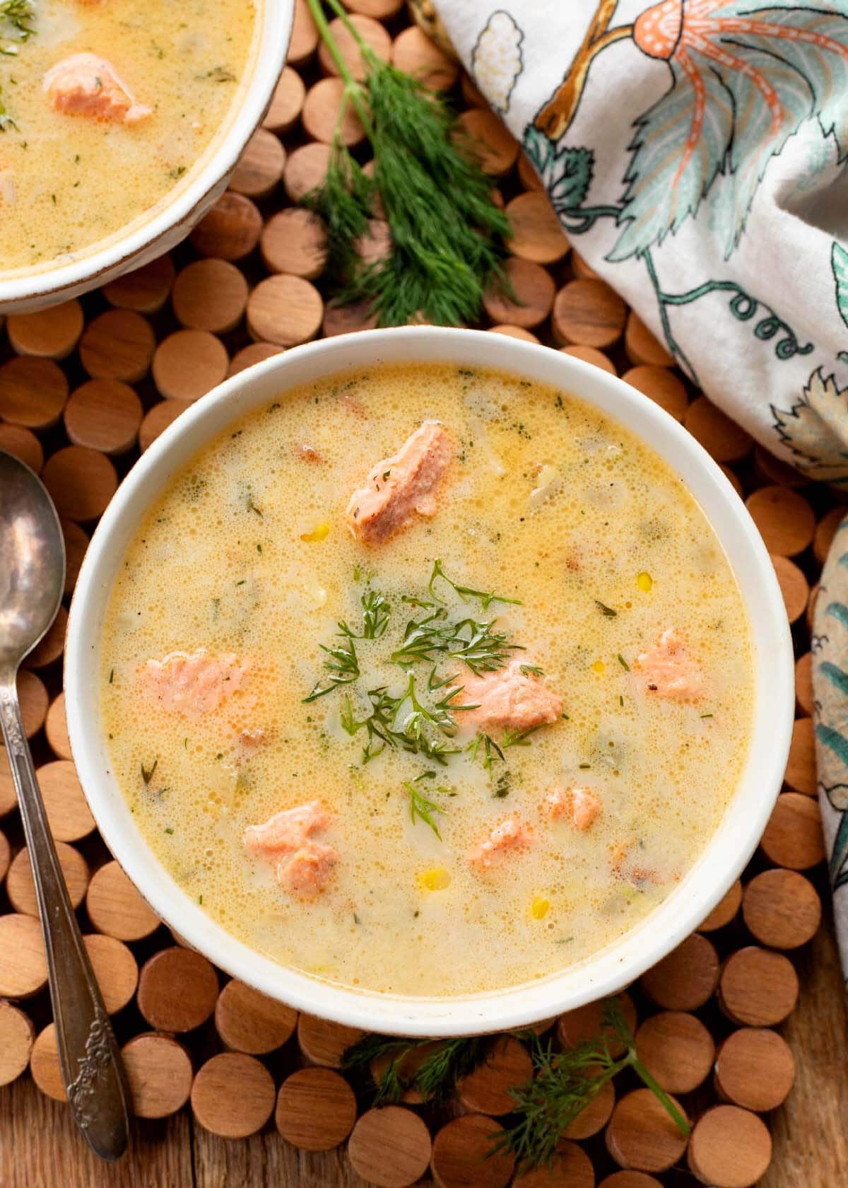 Salmon Chowder in a white bowl