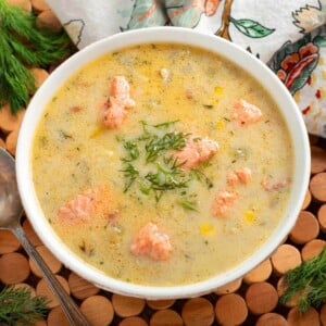 Salmon Chowder in a white bowl