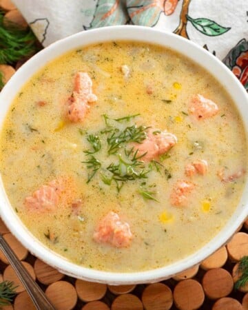 Salmon Chowder in a white bowl