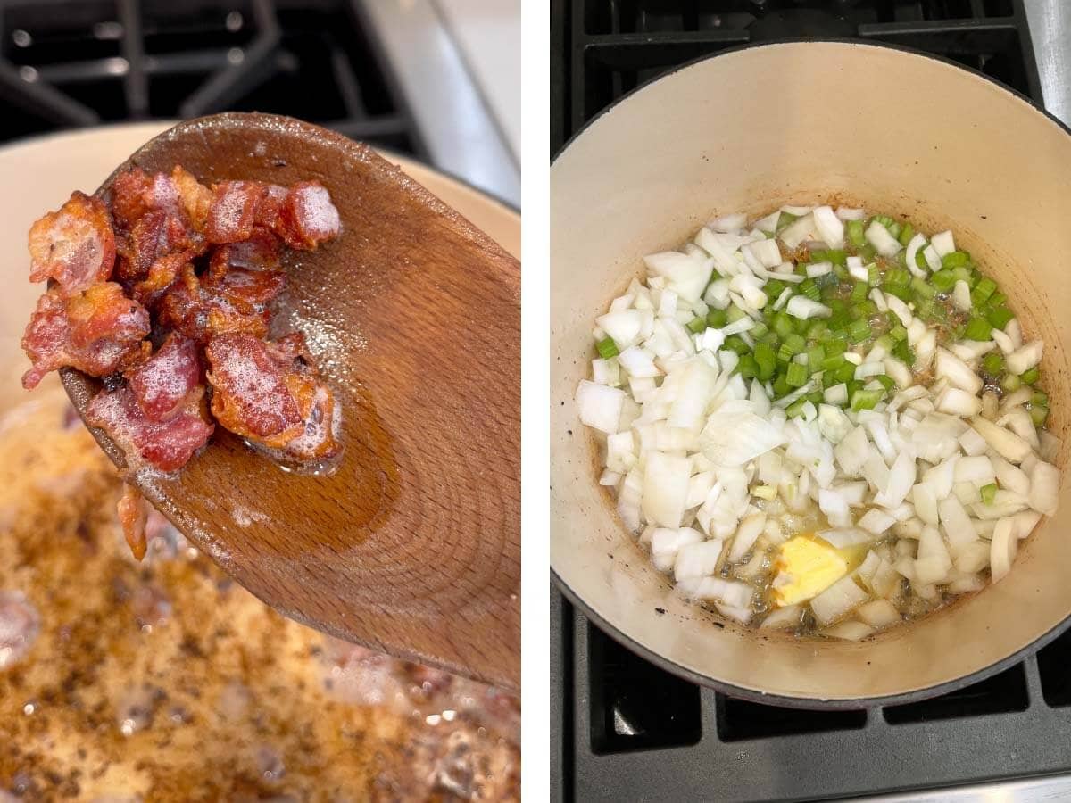 removing cooked bacon from pot with wood spoon, butter, onion, celery added.