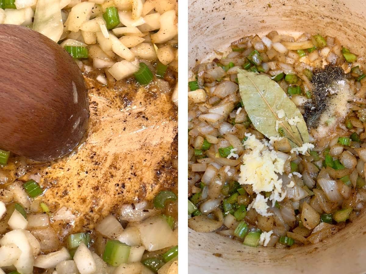 wood spoon scraping bottom of pot, garlic and bay leaf added.
