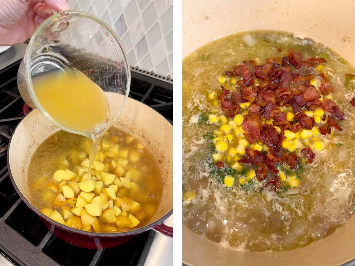 potatoes and broth added to soup, dill, corn, bacon added.