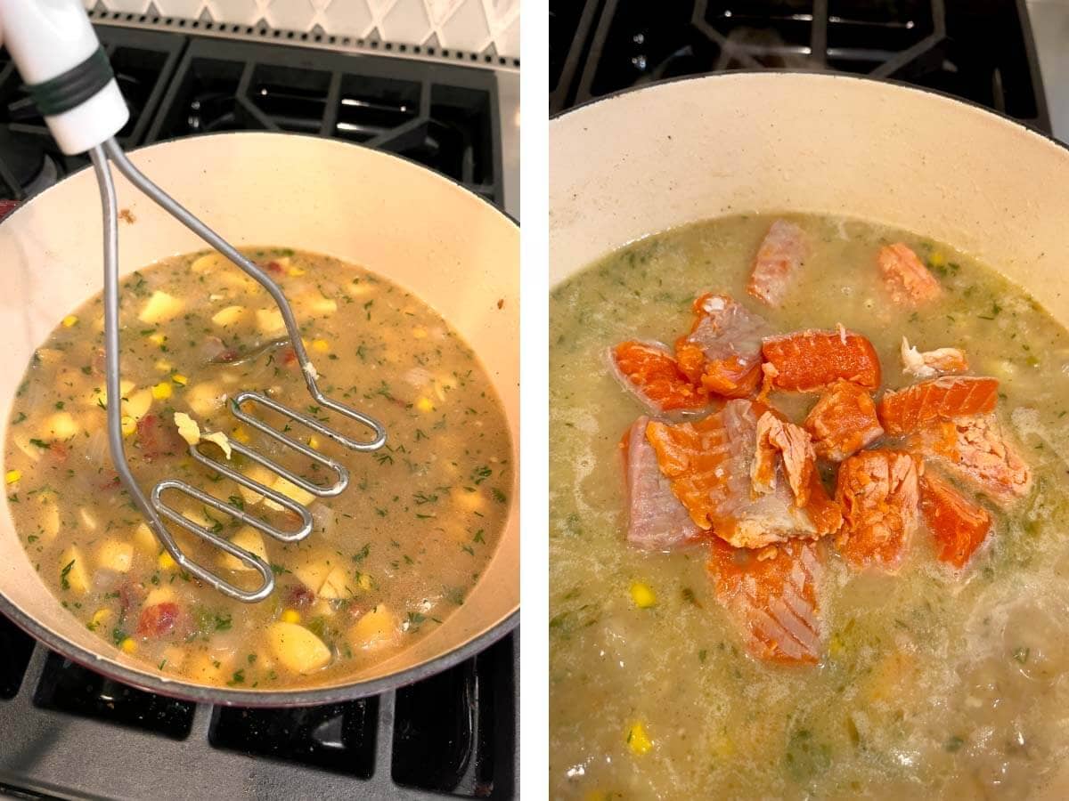 potato masher above soup, raw salmon added to soup.