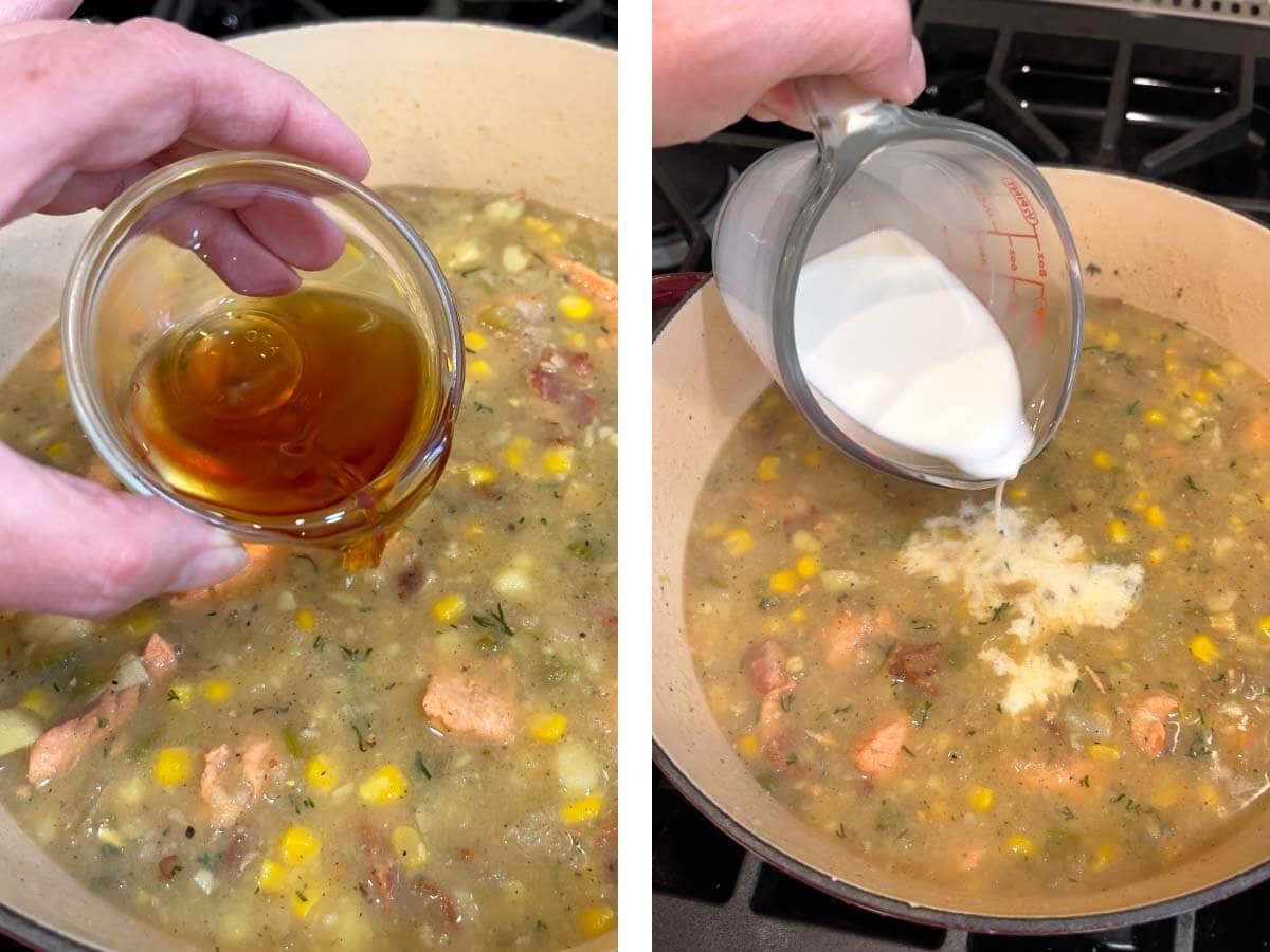 adding sherry to soup, adding cream to soup.