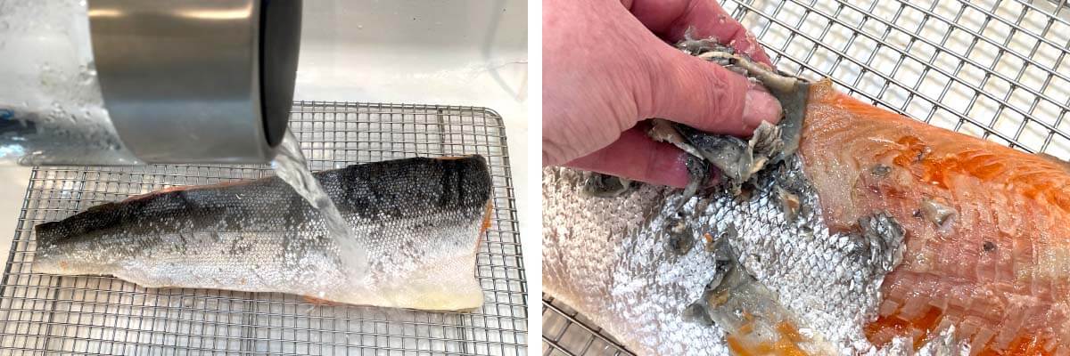 pouring boiling water on salmon skin, peeling skin off with fingers.