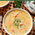 Salmon Chowder in a white bowl