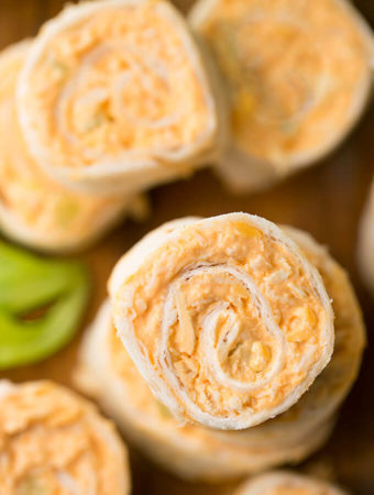 Several Buffalo Chicken Pinwheels on a plate