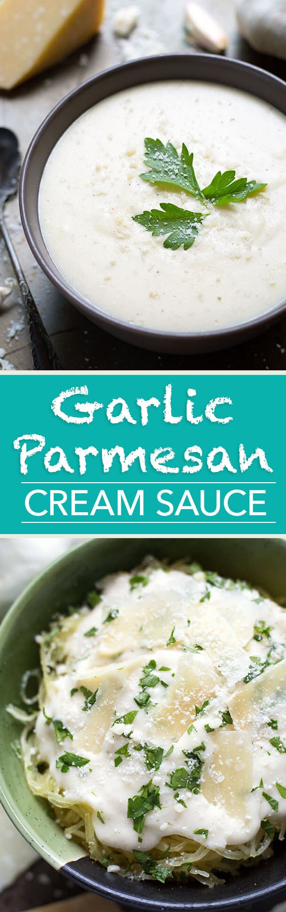 Garlic Parmesan Cream Sauce is a delicious and versatile sauce for pasta, spaghetti squash, rice, zoodles, vegetables. simplyhappyfoodie.com #zoodles #garlicparmesancreamsauce #creamsauce