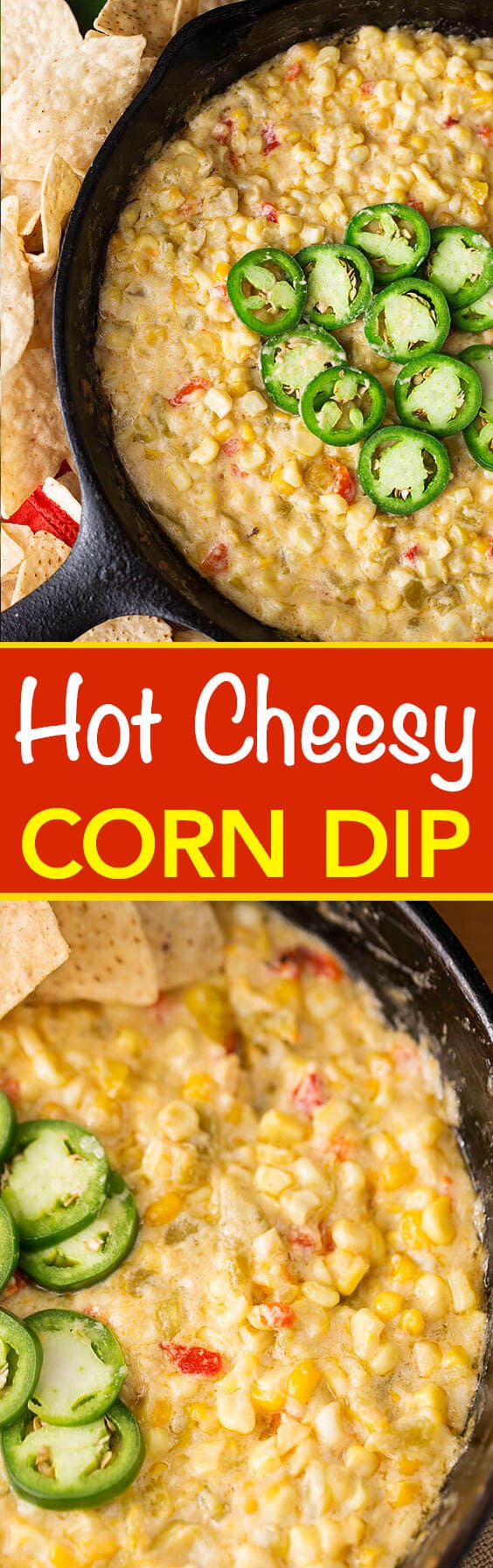 Hot Cheesy Corn Dip is a flavorful appetizer dip for game day and a party favorite. With corn, green chilis and cheese, we love this corn dip. simplyhappyfoodie.com #hotcheesycorndip #corndip #gameday #appetizer