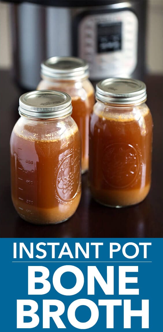 Instant Pot Bone Broth is healthy and delicious. We love drinking a mug of pressure cooker bone broth, or using it in soups. simplyhappyfoodie.com #instantpotbonebroth #pressurecookerbonebroth