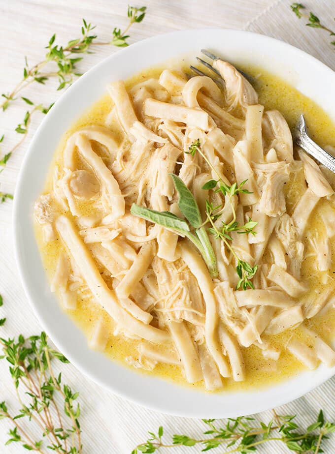 Instant Pot Chicken Noodles with fork in a white bowl surrounded by herbs