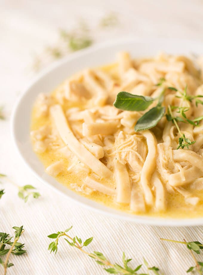 Chicken Noodles in a white bowl on light background