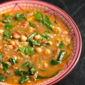 Instant Pot Moroccan Chickpea Stew in a pink patterned bowl