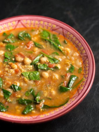 Instant Pot Moroccan Chickpea Stew in a pink patterned bowl