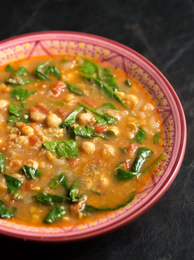 Instant Pot Moroccan Chickpea Stew in a pink patterned bowl