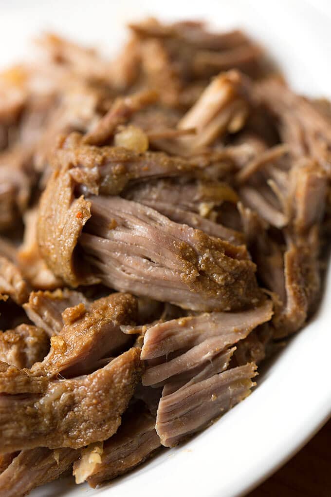 Close up of Instant Pot Pork Carnitas meat in white bowl