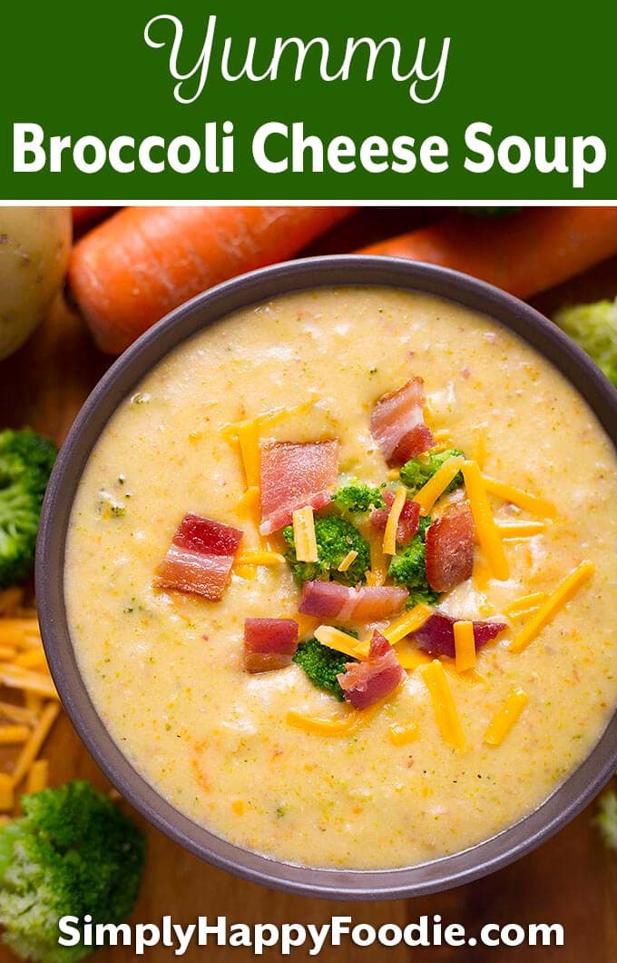 Loaded Broccoli Cheese Potato Soup is a rich delicious comfort food! Lots of flavor and cheesy goodness! A delicious broccoli cheese soup recipe. simplyhappyfoodie.com #broccolicheesepotatosoup #broccolicheesesoup