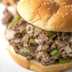 Philly Cheese Steak Sloppy Joes are a classic made simple! Comforting and delicious! simplyhappyfoodie.com