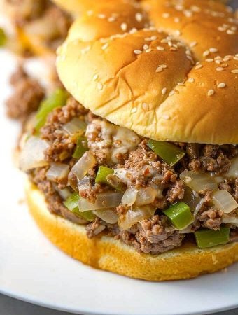 Philly Cheese Steak Sloppy Joes on a white plate