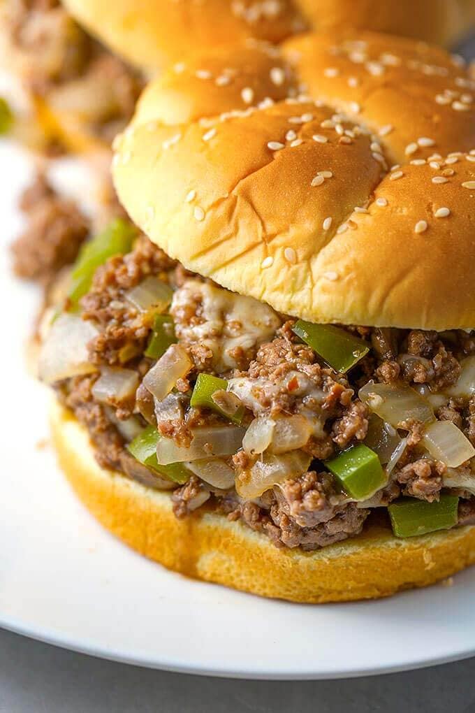 Philly Cheese Steak Sloppy Joes on a white plate