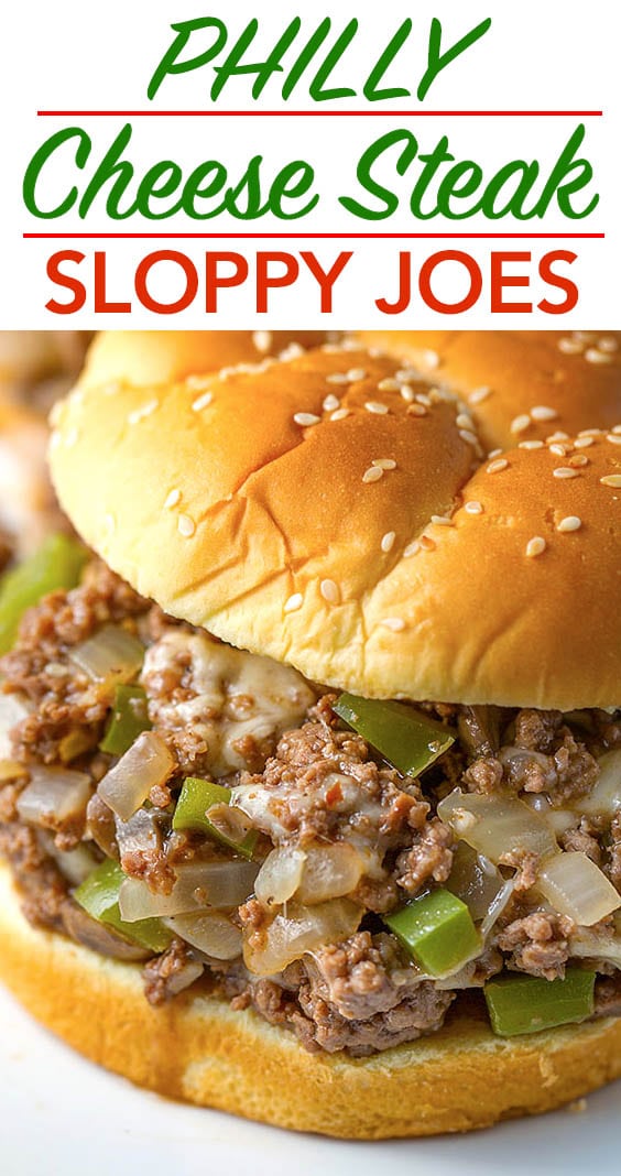 Philly Cheese Steak Sloppy Joes are a classic made simple! Cheesy and delicious! simplyhappyfoodie.com #sloppyjoes #phillycheesesteaksloppyjoes #sloppyjoesrecipe
