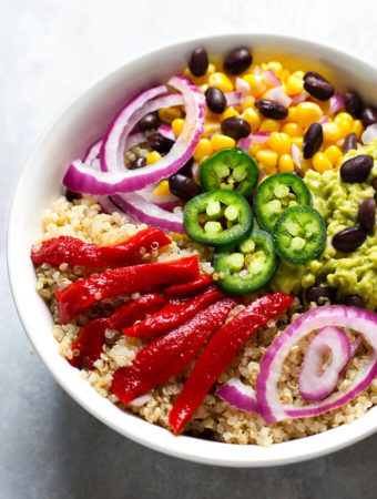 Southwest Quinoa Bowl with Cilantro Dressing in white bowl