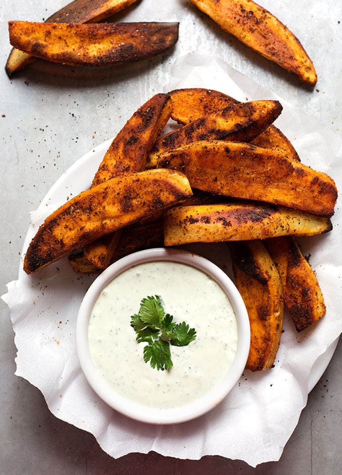 Sweet Potato Steak Fries on plate with small bowl of ranch dip