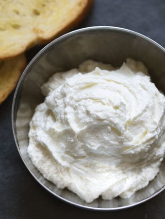Whipped Feta Spread in small metal bowl