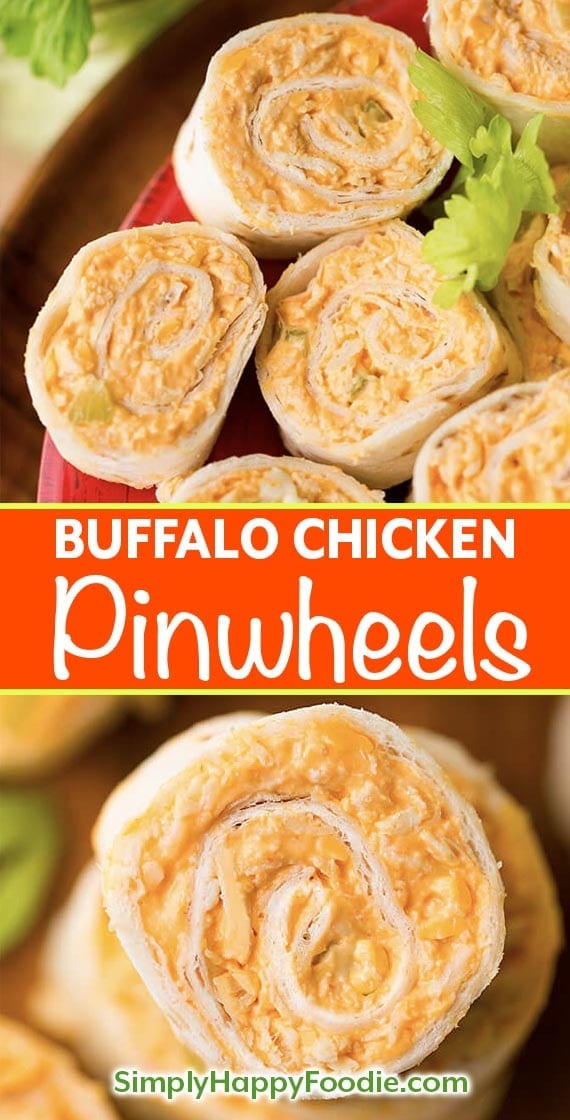 Buffalo Chicken Pinwheels have buffalo wings flavor in a neat tortilla pinwheel appetizer. Great party or game day appetizer! simplyhappyfoodie.com #gamedayfood #pinwheelrecipe #buffalochickenpinwheels