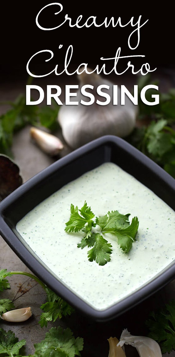 Creamy Cilantro Dressing is so delicious on salads, grain bowls, tacos, fries, and pasta. We love it on quinoa! It's more than just a salad dressing. simplyhappyfoodie.com #creamycilantrodressing #cilantrosaladdressing