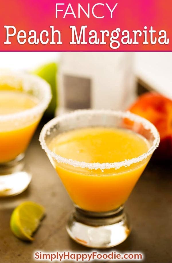 This Fancy Peach Margarita is so delicious and a perfect fit for a fancy party, not so fancy party, or even a backyard barbecue! Don't let the name fool you. So delicious with tequila, peach, Chambord®, and more! simplyhappyfoodie.com #peachmargarita, #tequila #cocktail