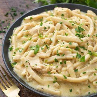 Instant Pot Chicken and Noodles is a comforting meal the whole family will enjoy. Using frozen chicken breasts & frozen egg noodles. Pressure cooker chicken and noodles is Ready in about an hour. Instant Pot recipes by simplyhappyfoodie.com #instantpotchickennoodles #pressurecookerchickennoodles