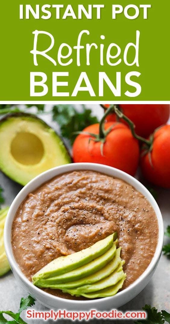 Instant Pot Refried Beans are so much better than the canned variety, and they are easy to make!. Cooked from dry beans in just over an hour! These pressure cooker refried beans have lots of flavor! Instant Pot recipes by simplyhappyfoodie.com #instantpotrefriedbeans #pressurecookerrefriedbeans #instant pot pinto beans, pressure cooker pinto beans