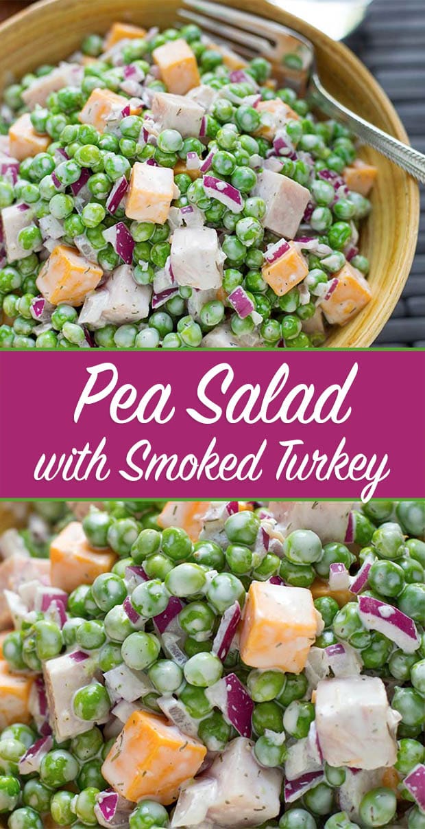Pea Salad with Smoked Turkey is a tasty side or a main dish pea salad recipe. You can make this a pea salad with bacon, or a pea salad with ham, too. Simply delicious! simplyhappyfoodie.com #peasalad #peasaladrecipe