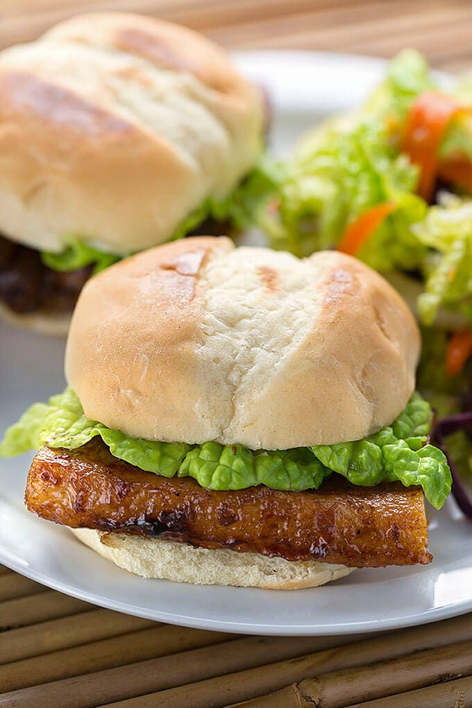 Asian Pork Belly Sliders on a white plate