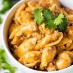 Instant Pot Cheesy Taco Pasta in a white bowl