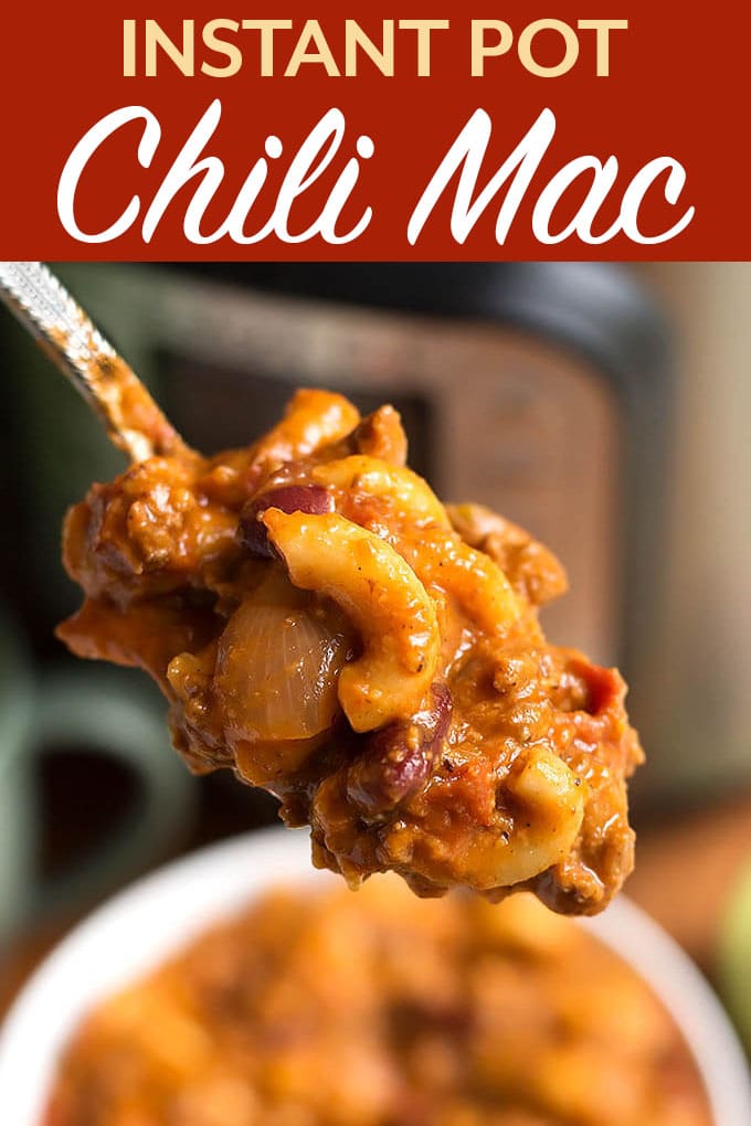 Instant Pot Chili Mac is a delicious and filling one pot pasta meal made in your electric pressure cooker. You can easily make this pressure cooker chili mac and cheese recipe. simplyhappyfoodie.com #instantpotchili #instantpotchilimac #instantpotmacandcheese